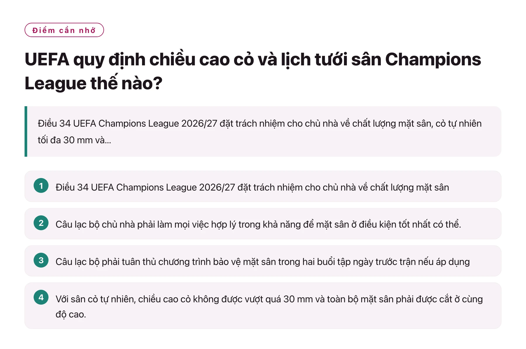 UEFA quy định chiều cao cỏ và lịch tưới sân Champions League thế nào?——全文要点速览