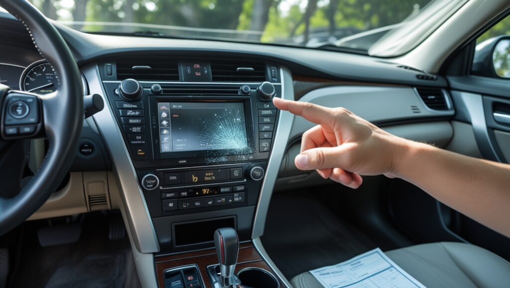 A person points at a malfunctioning infotainment screen inside a used Toyota Camry, showing visible cracks and frozen display. The interior also includes a partially visible inspection sheet, suggesting a pre-purchase evaluation.