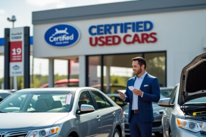 A car dealer in a blue suit stands between two used Toyota Camrys at a certified used car lot, holding inspection papers. One vehicle has its hood open, suggesting a thorough check during the buying process.