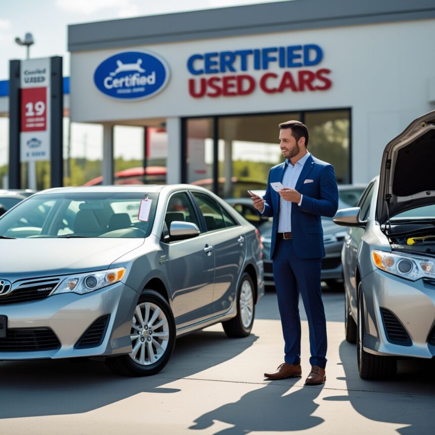 A car dealer in a blue suit stands between two used Toyota Camrys at a certified used car lot, holding inspection papers. One vehicle has its hood open, suggesting a thorough check during the buying process.