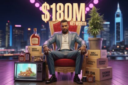 A digital painting of a Snoop Dogg in a blue suit sitting on a red throne with "$180M Net Worth" displayed above him against a city skyline backdrop. Surrounding him are luxury liquor bottles, a cannabis plant, branded boxes, and a TV screen showing gourmet food, symbolizing wealth and diverse investments.